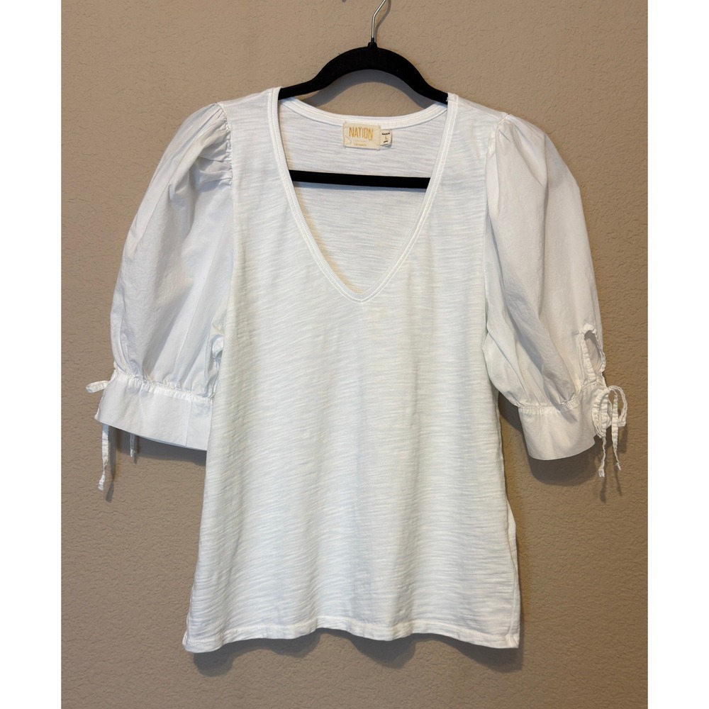 Nation LTD White Mixed Media Puff Tie Sleeve V-Neck Top Slub Knit Tee Size M